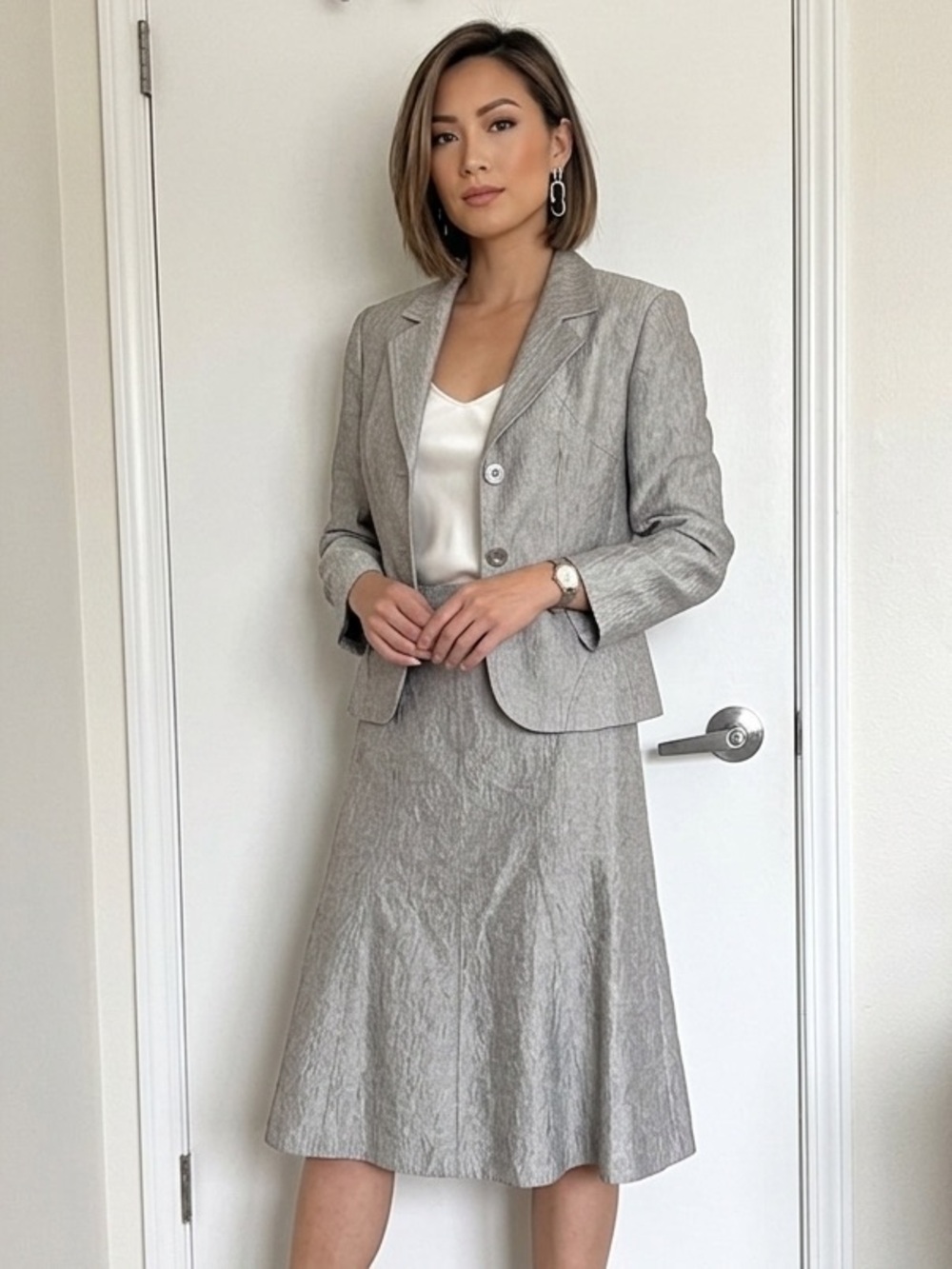 Conrad C, 2 piece silver grey skirt & blazer suit with shimmer size medium